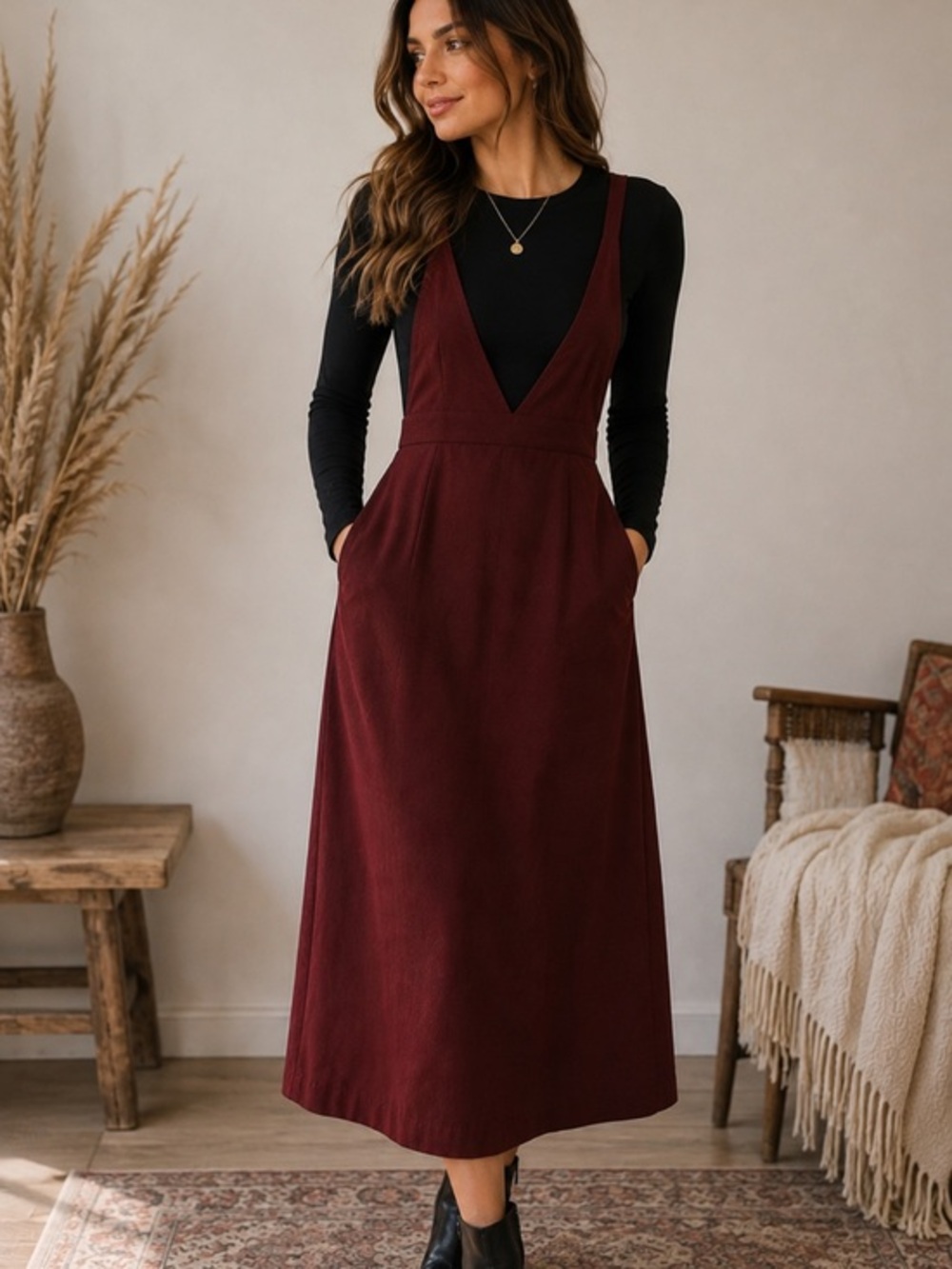 Forever 21 Wine Red Burgundy Pinafore Jumper Midi Dress Size L